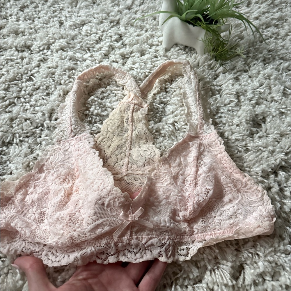 Pink lace bralette with bow detail super cute, pastel size large